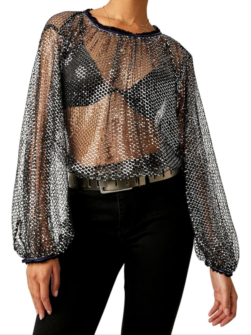 Free People NWT Sparks Fly Sheer Sequin Mesh Top in Black Combo size XL
